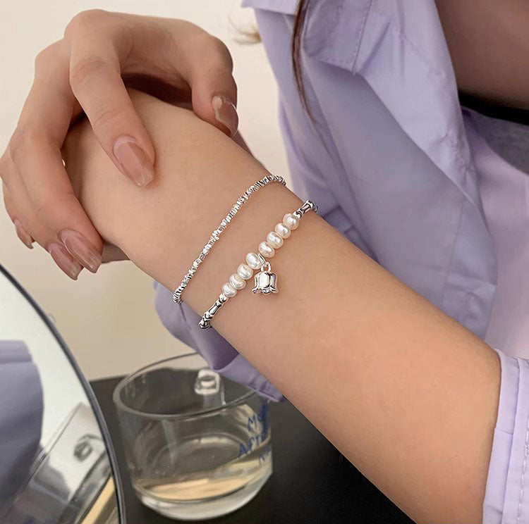Sterling Silver Pearl Lily of the Valley Design Bracelet