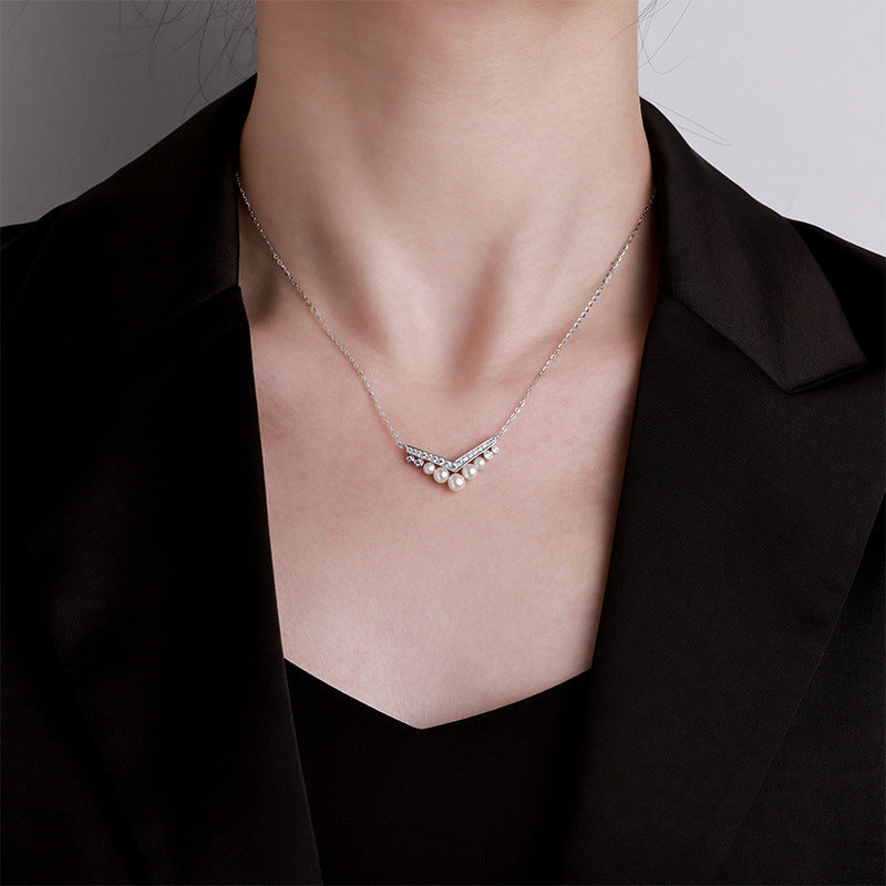 Sterling Silver Freshwater Pearl Diamond Light Luxury Clavicle Chain