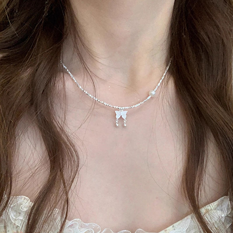Butterfly Broken Silver Design Pearl Necklace