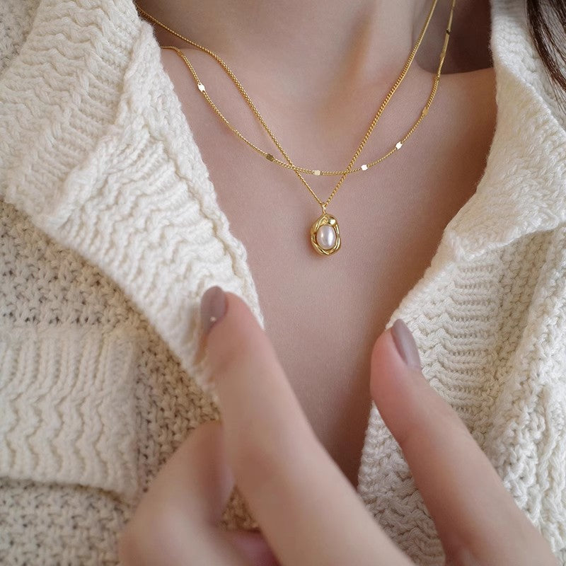 Natural Pearl Pea Simple Design Silver Clavicle Chain