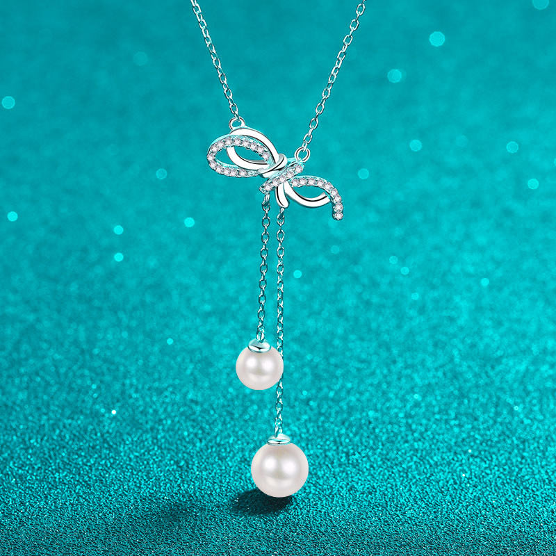 Sterling Silver Natural Freshwater Pearl Bow Light Luxury Necklace