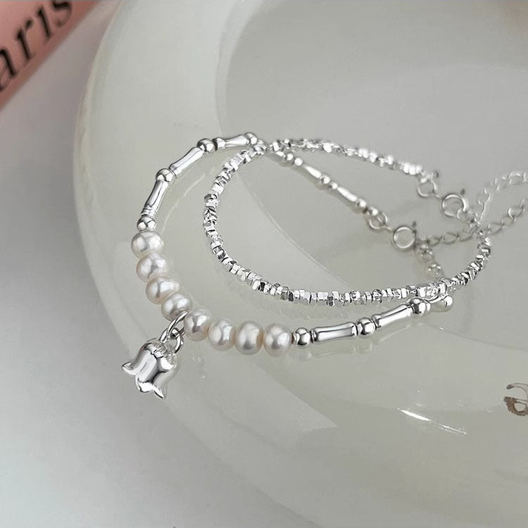 Sterling Silver Pearl Lily of the Valley Design Bracelet