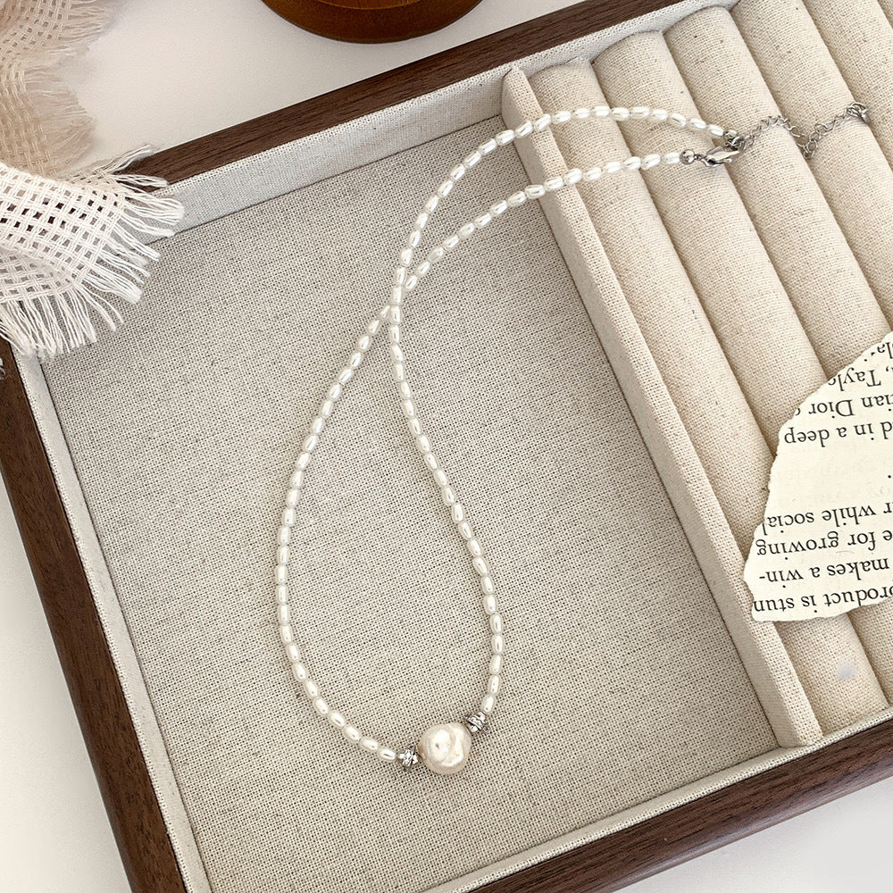 Wheat Ear Natural Freshwater Versatile Baroque Collarbone Chain, Pearl