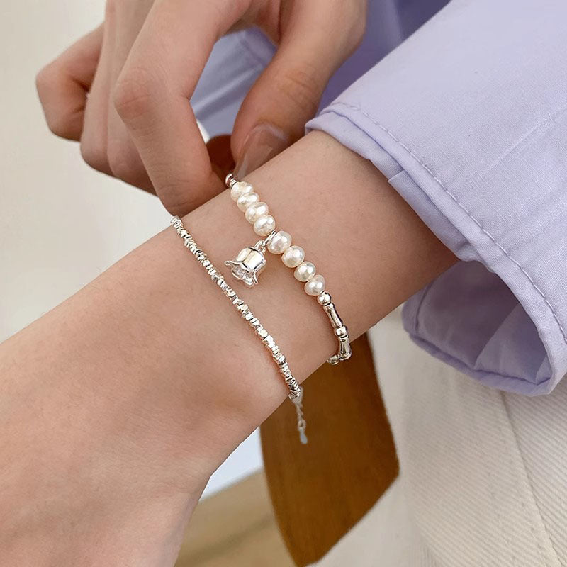 Sterling Silver Pearl Lily of the Valley Design Bracelet
