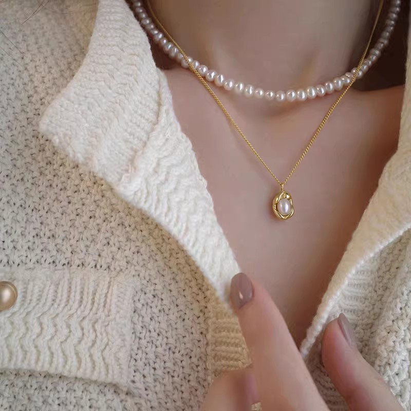 Natural Pearl Pea Simple Design Silver Clavicle Chain