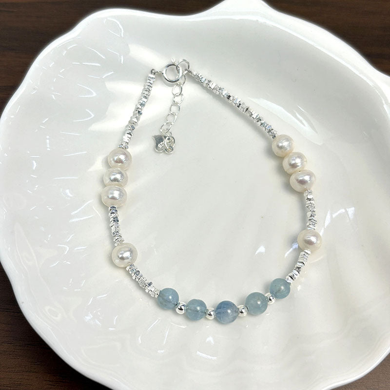 Natural Aquamarine Freshwater Pearl Shredded Silver Bracelet