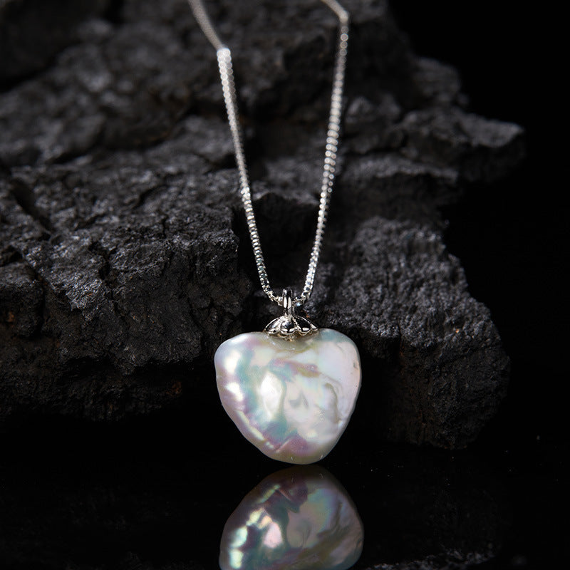 925 Sterling Silver Natural Freshwater Pearl Peach Heart Love Pendant Necklace