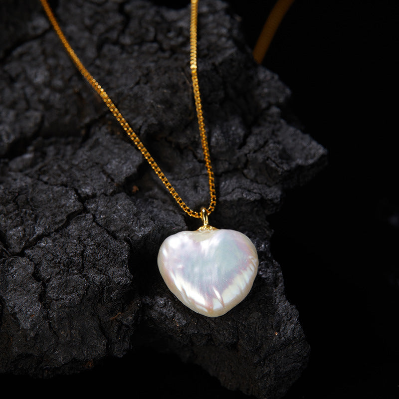 925 Sterling Silver Natural Freshwater Pearl Peach Heart Love Pendant Necklace