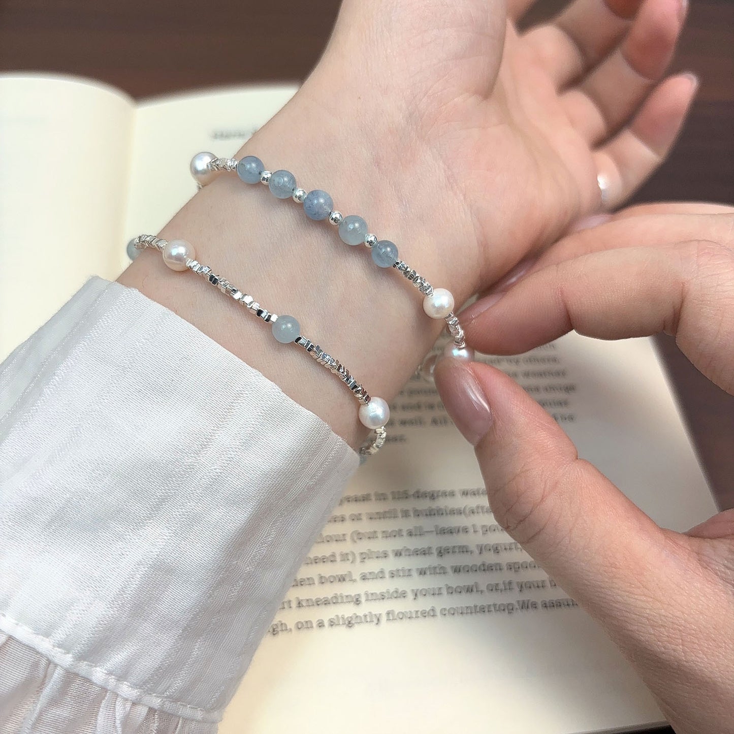 Natural Aquamarine Freshwater Pearl Shredded Silver Bracelet