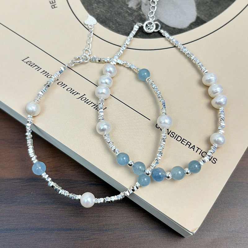 Natural Aquamarine Freshwater Pearl Shredded Silver Bracelet