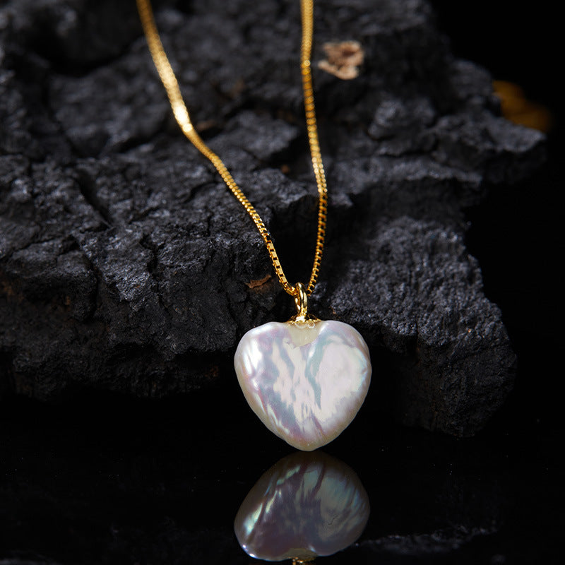 925 Sterling Silver Natural Freshwater Pearl Peach Heart Love Pendant Necklace
