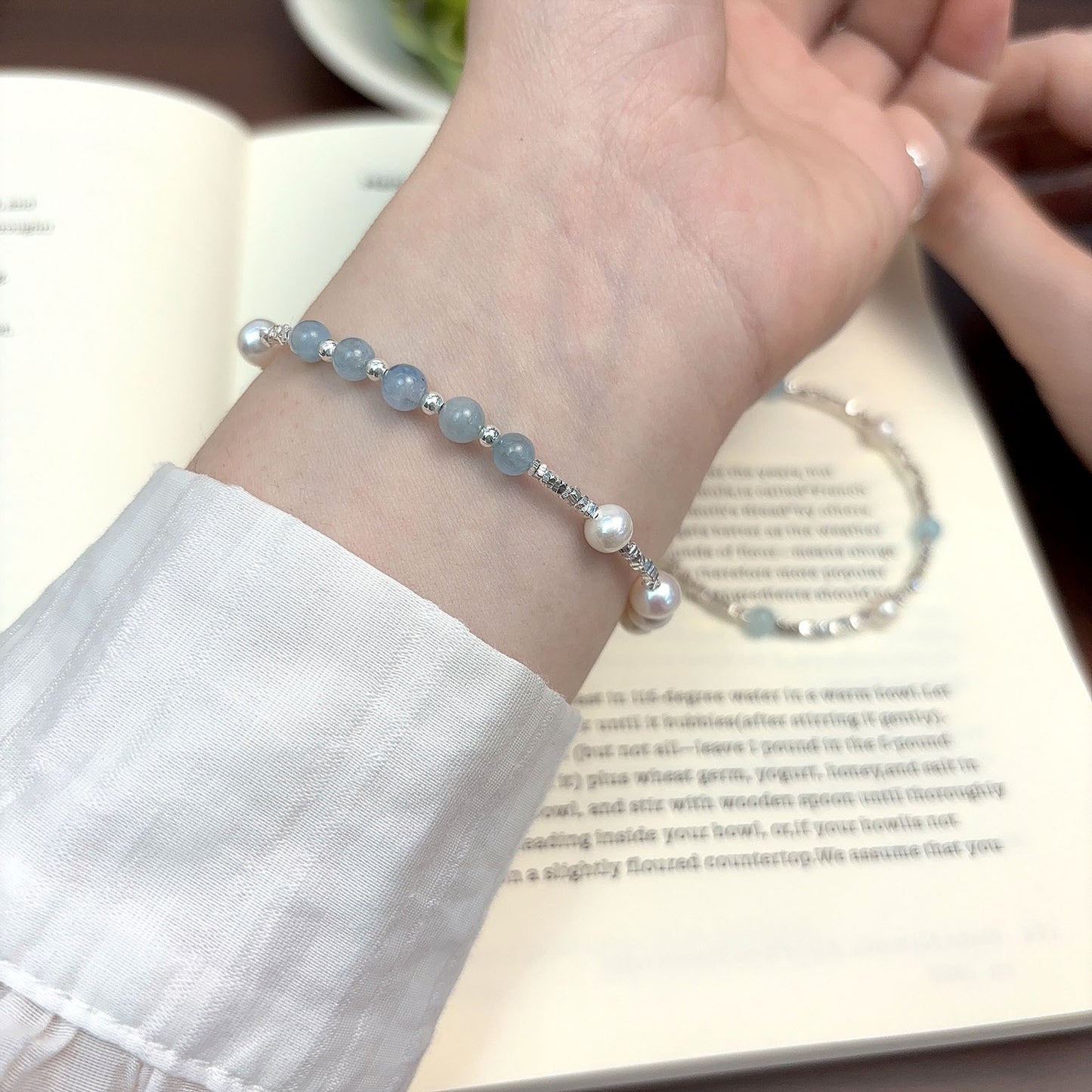 Natural Aquamarine Freshwater Pearl Shredded Silver Bracelet
