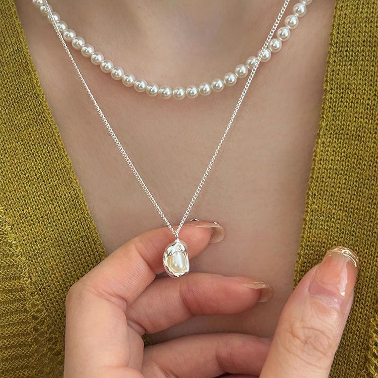Natural Pearl Pea Simple Design Silver Clavicle Chain