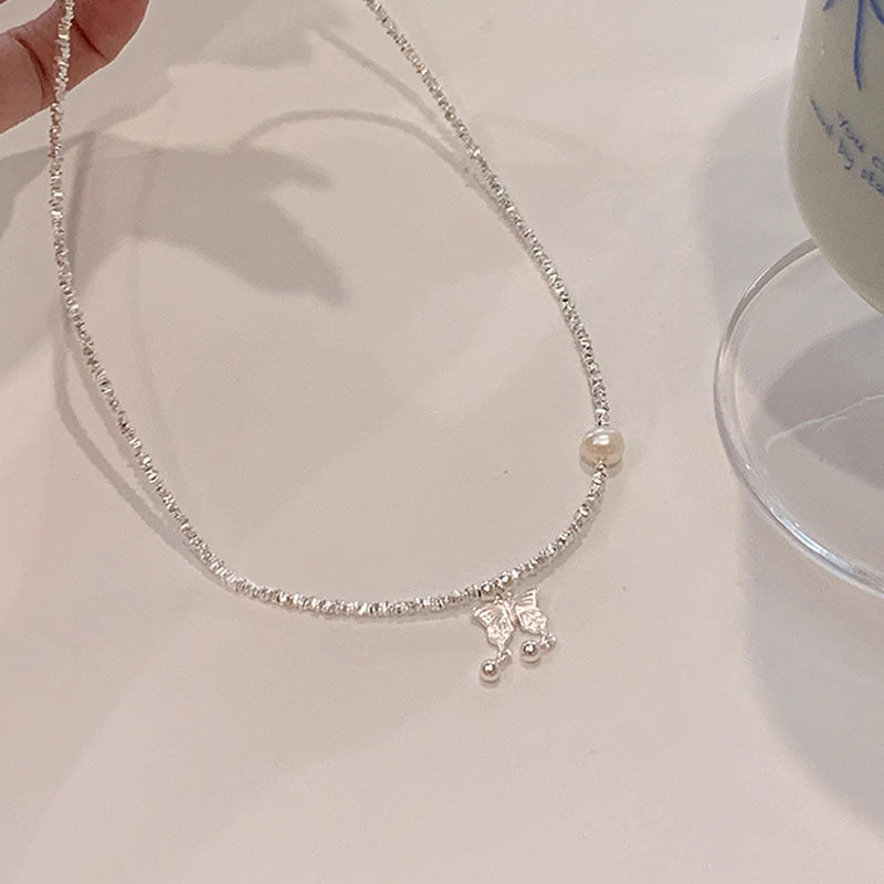 Butterfly Broken Silver Design Pearl Necklace