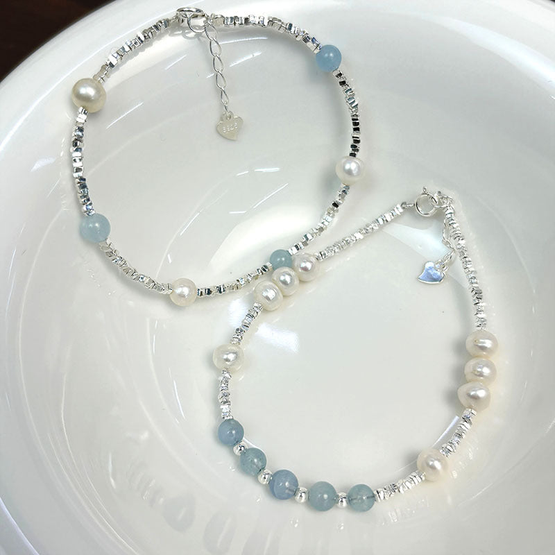Natural Aquamarine Freshwater Pearl Shredded Silver Bracelet