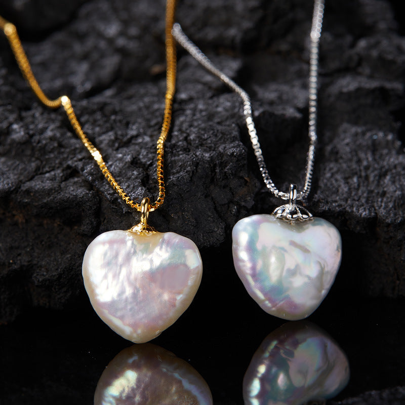 925 Sterling Silver Natural Freshwater Pearl Peach Heart Love Pendant Necklace