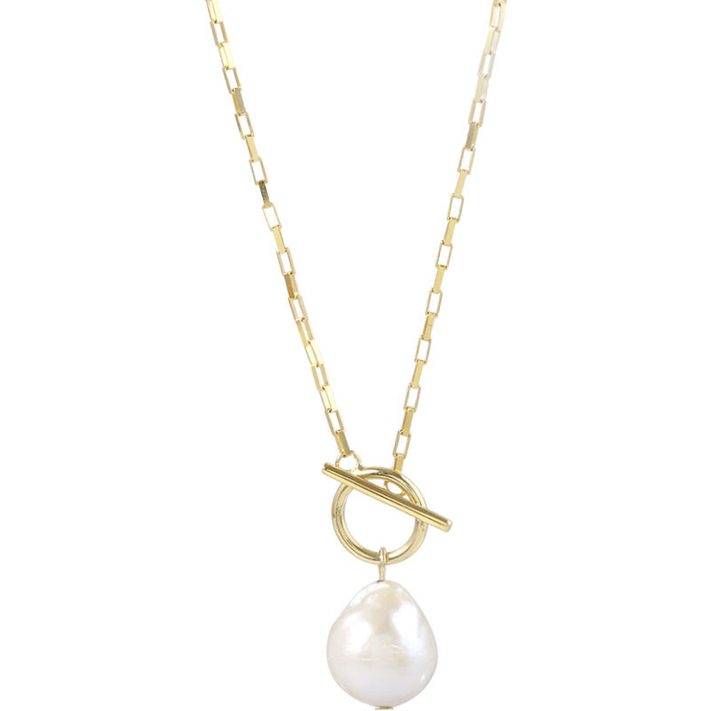 Special-shaped freshwater pearl necklace box chain OT buckle collarbone chain women's fashion design sense retro