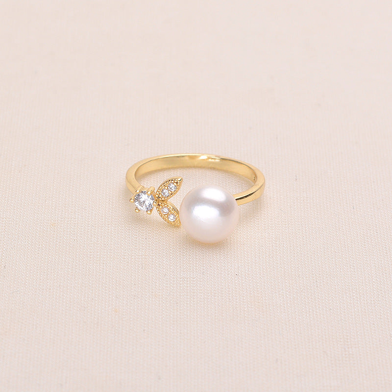Leaf inlaid design pearl ring