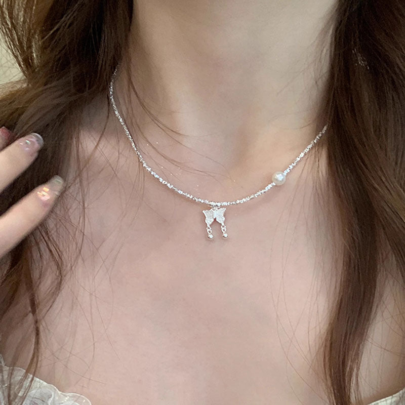 Butterfly Broken Silver Design Pearl Necklace