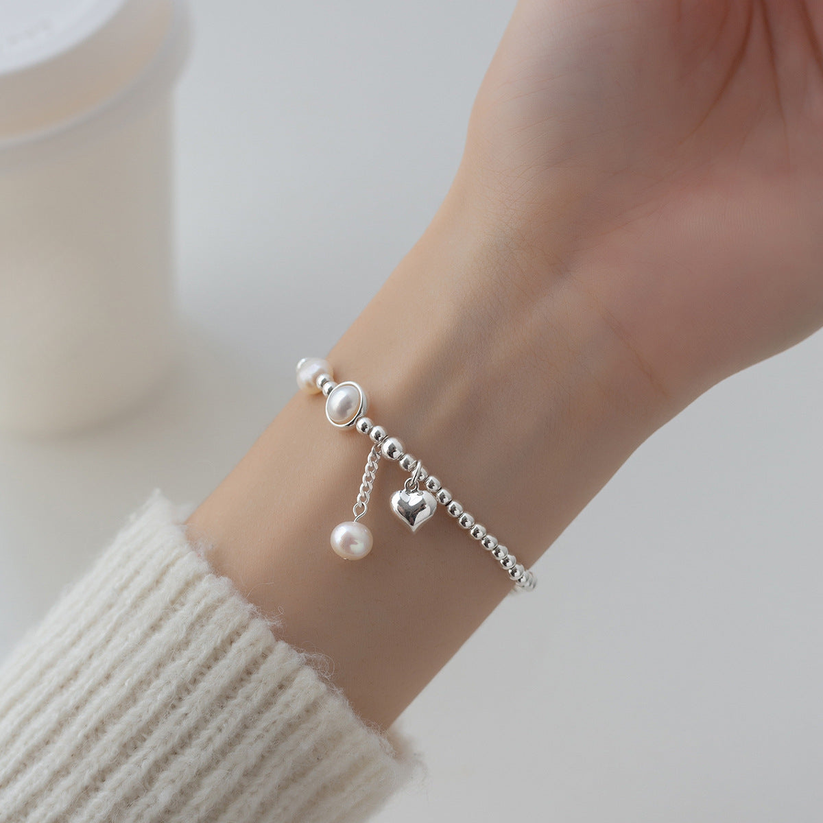 Natural Pearl Love Design Silver Bracelet