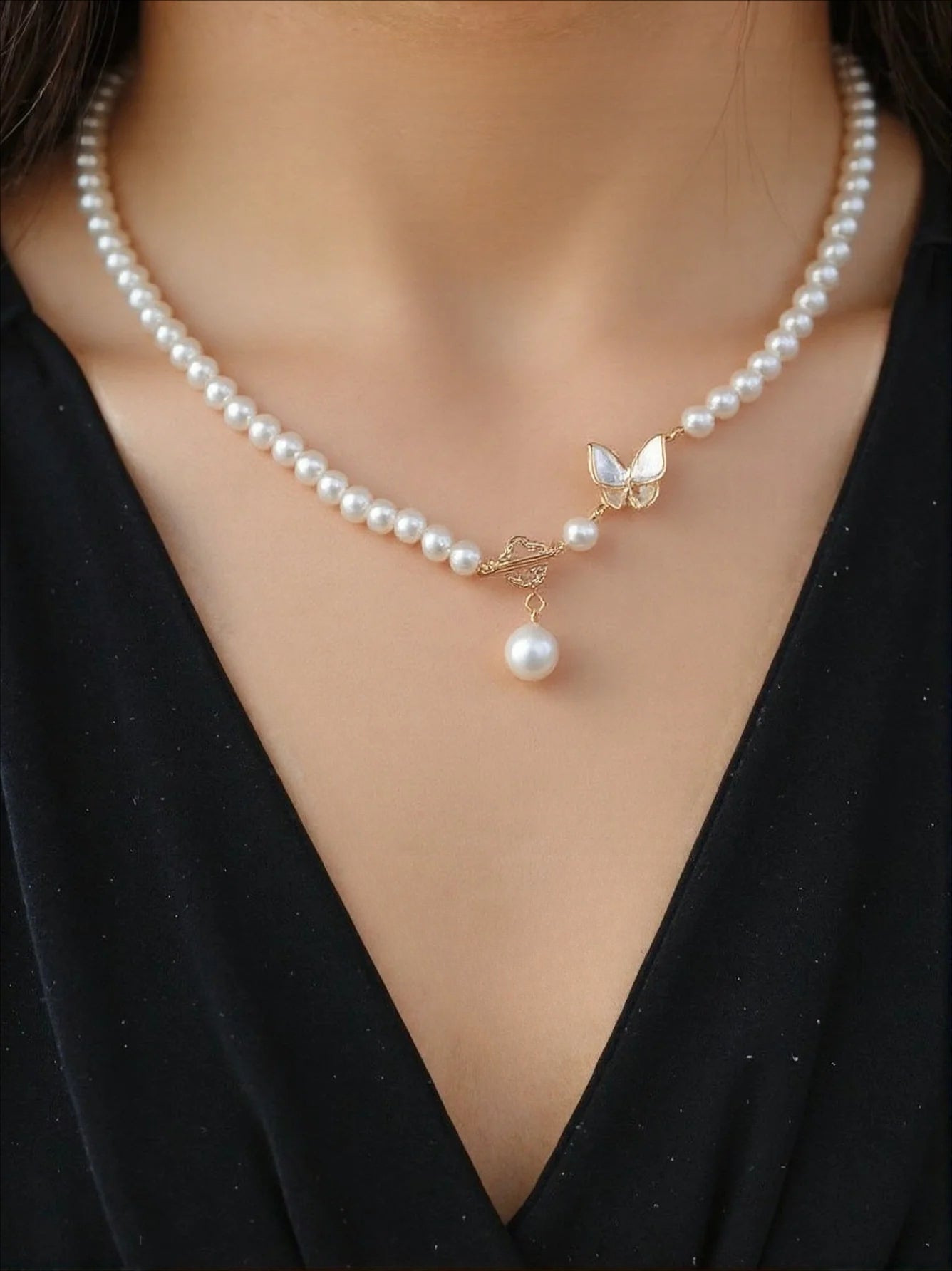 Sea Fritillary Butterfly Pendant Design Pearl Necklace