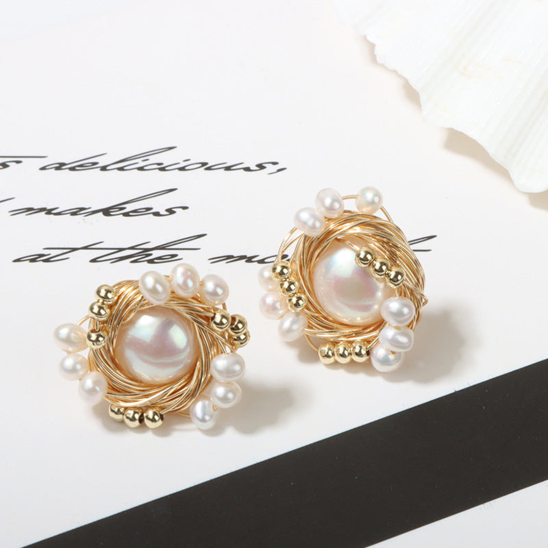 Vintage handmade round bird's nest pearl stud earrings
