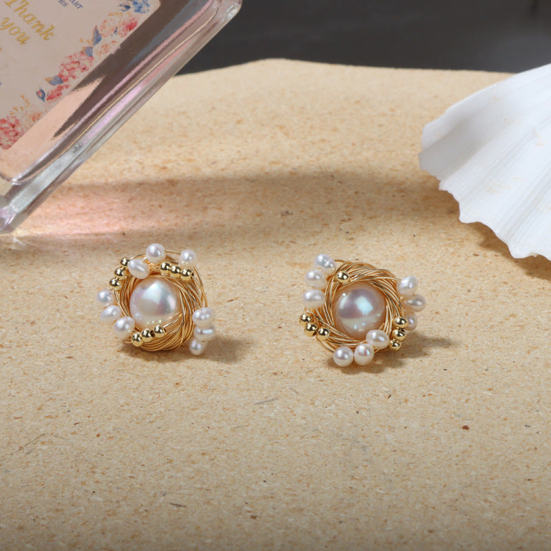Vintage handmade round bird's nest pearl stud earrings