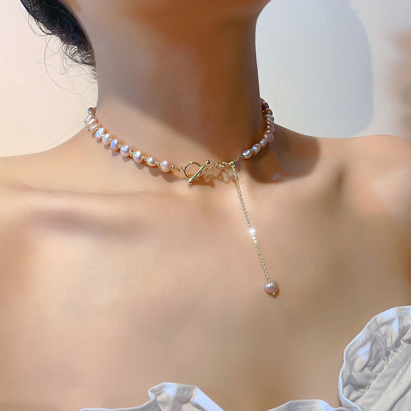 Baroque freshwater powder pearl OT buckle neck chain