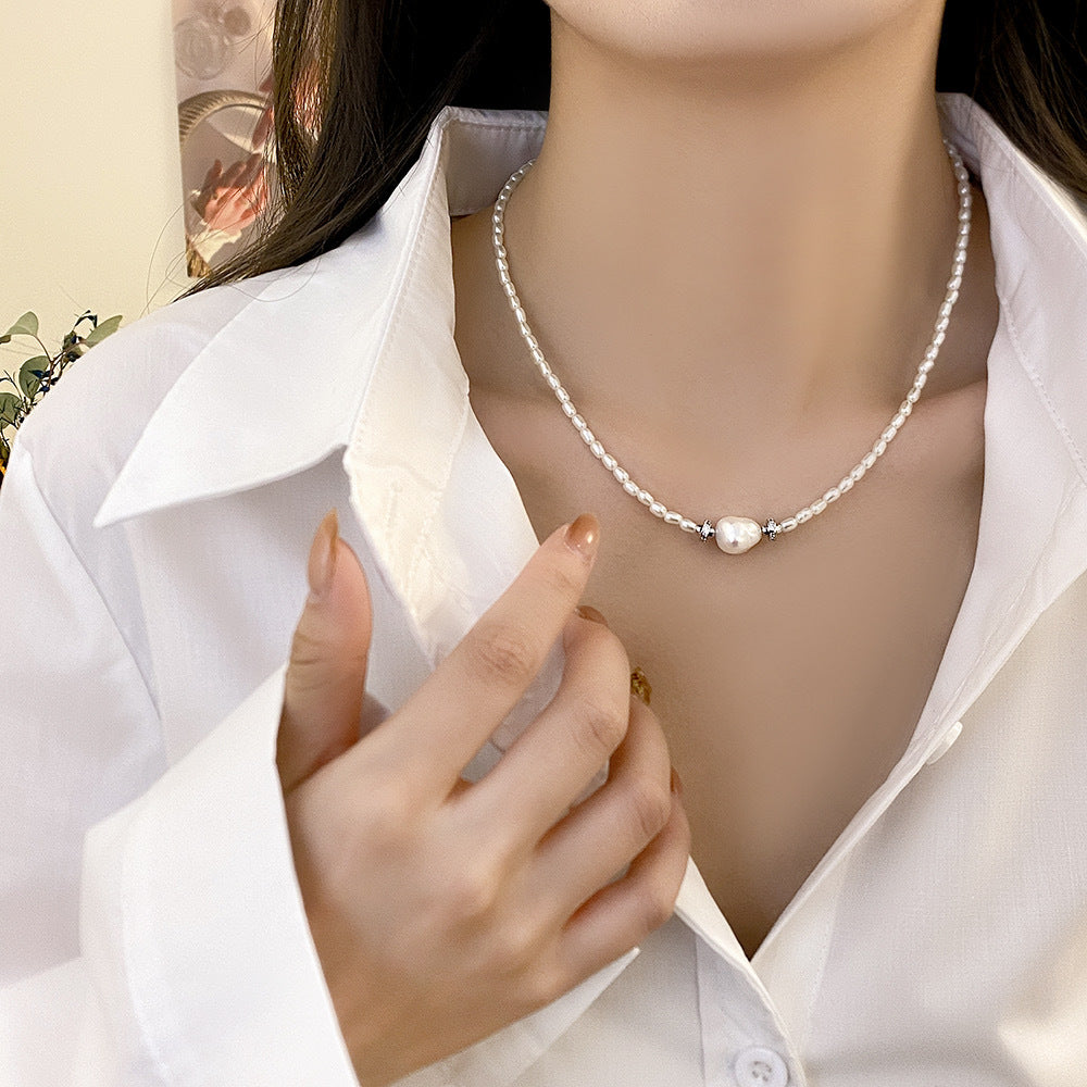 Wheat Ear Natural Freshwater Versatile Baroque Collarbone Chain, Pearl