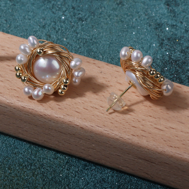 Vintage handmade round bird's nest pearl stud earrings