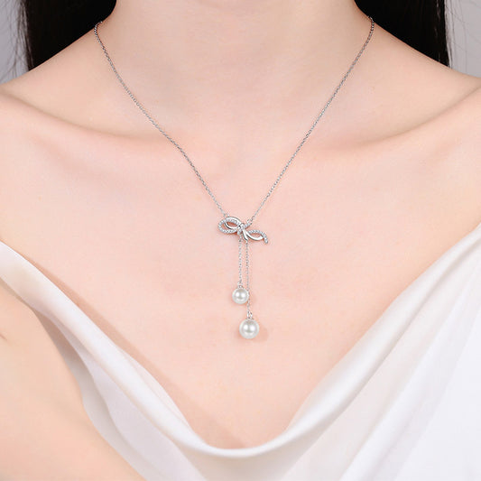 Sterling Silver Natural Freshwater Pearl Bow Light Luxury Necklace