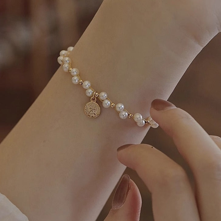 Natural strong light pearl gypsy star design silver bracelet