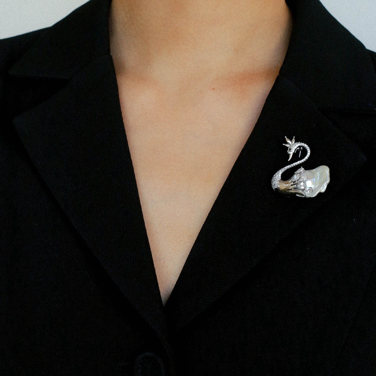 Natural Baroque Pearl Full Diamond Swan Design Brooch