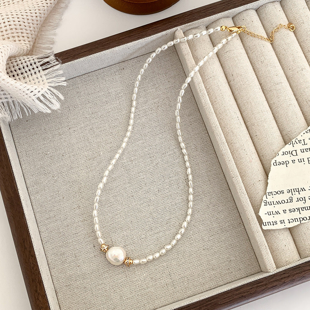 Wheat Ear Natural Freshwater Versatile Baroque Collarbone Chain, Pearl