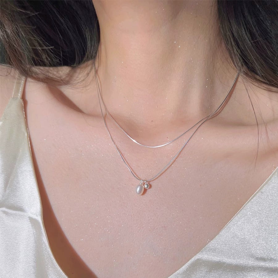 Sterling Silver Rice Pearl Light Luxury Niche Double Clavicle Chain