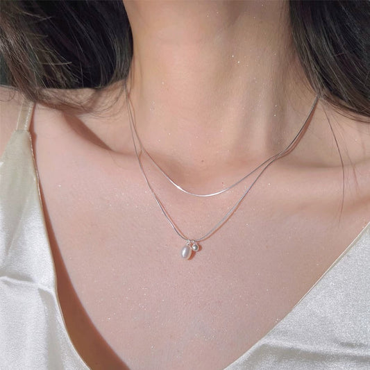 Sterling Silver Rice Pearl Light Luxury Niche Double Clavicle Chain