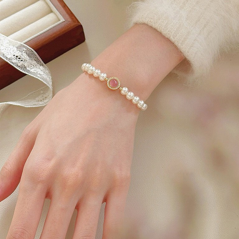 Natural Pearl Chalcedony Design Silver Bracelet