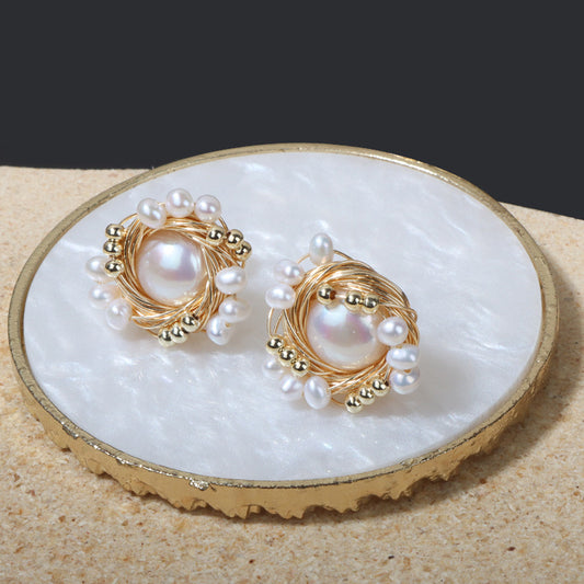 Vintage handmade round bird's nest pearl stud earrings