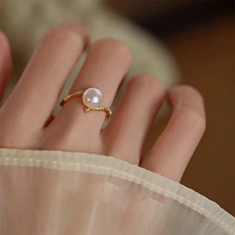 Bamboo Geometric Design Pearl Ring