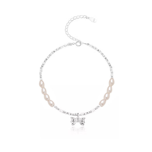 Bow Shredded Silver Natural Pearl Bracelet