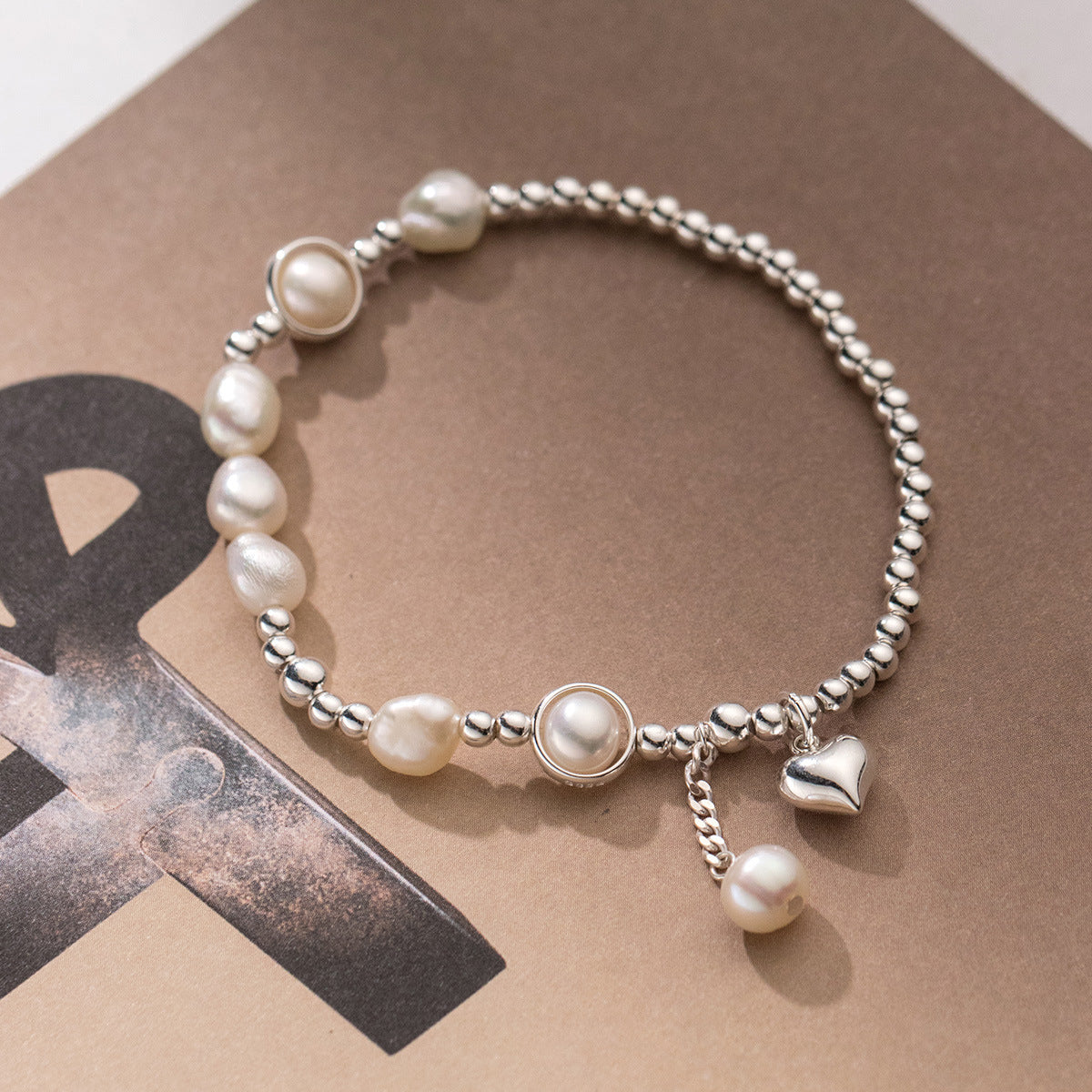 Natural Pearl Love Design Silver Bracelet