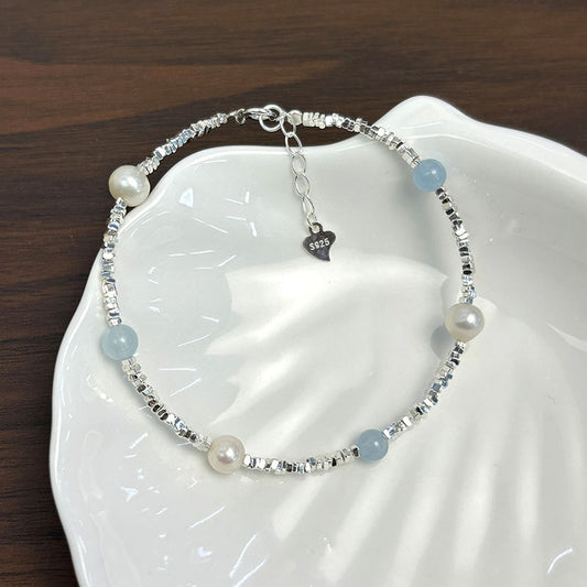 Natural Aquamarine Freshwater Pearl Shredded Silver Bracelet