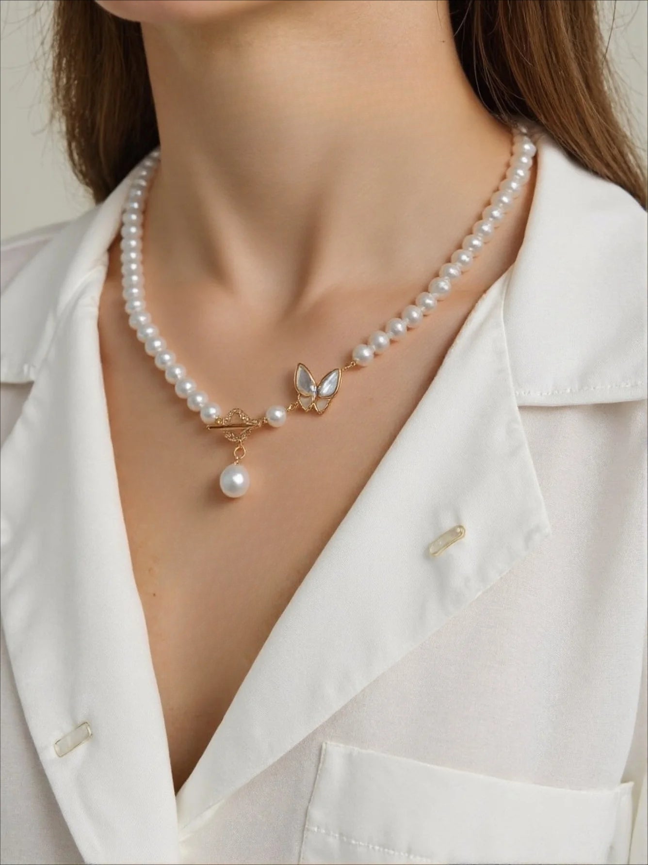 Sea Fritillary Butterfly Pendant Design Pearl Necklace